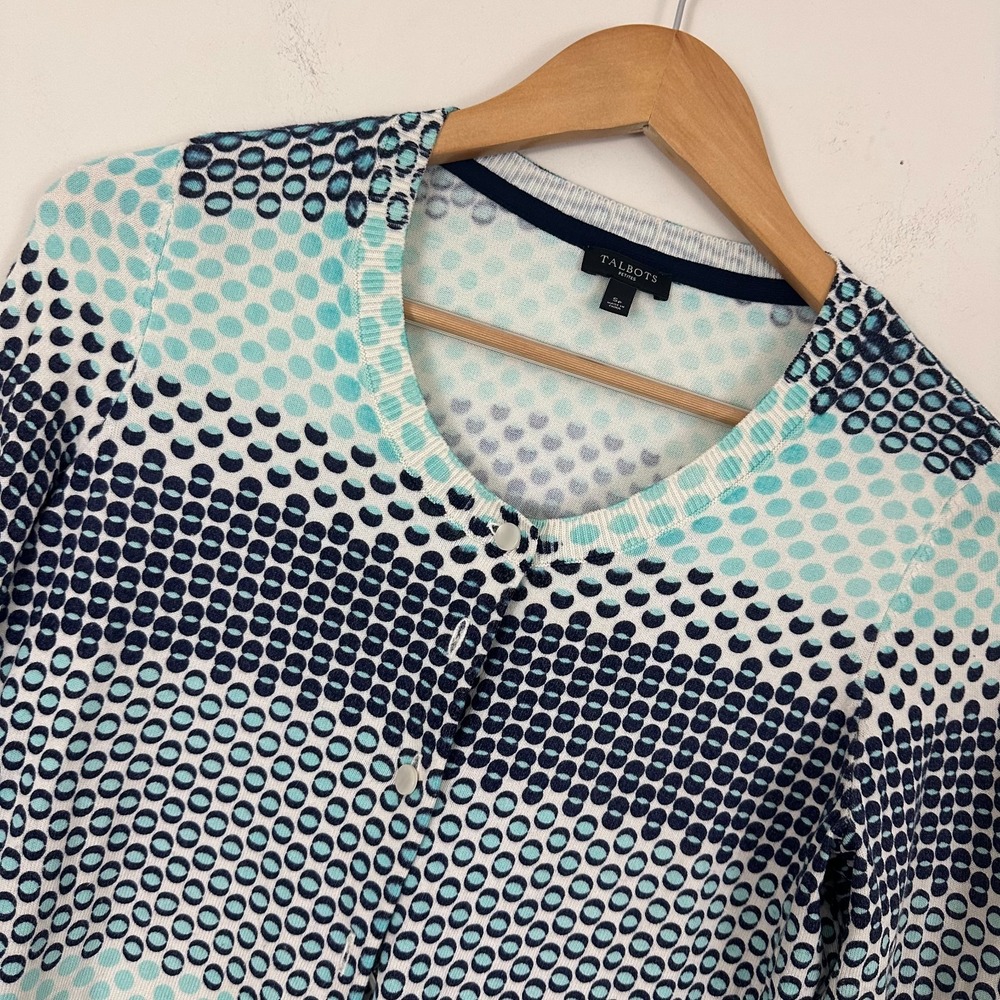 Talbots Cardigan Sweater Blue Black Polka Dot Round Neck Button Front Womens PS